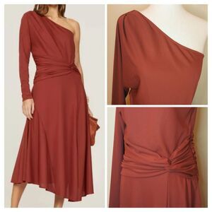 Tanya Taylor Dress Sz 10 Maxi One Shoulder Stretch Gathered Waist Burgundy $595